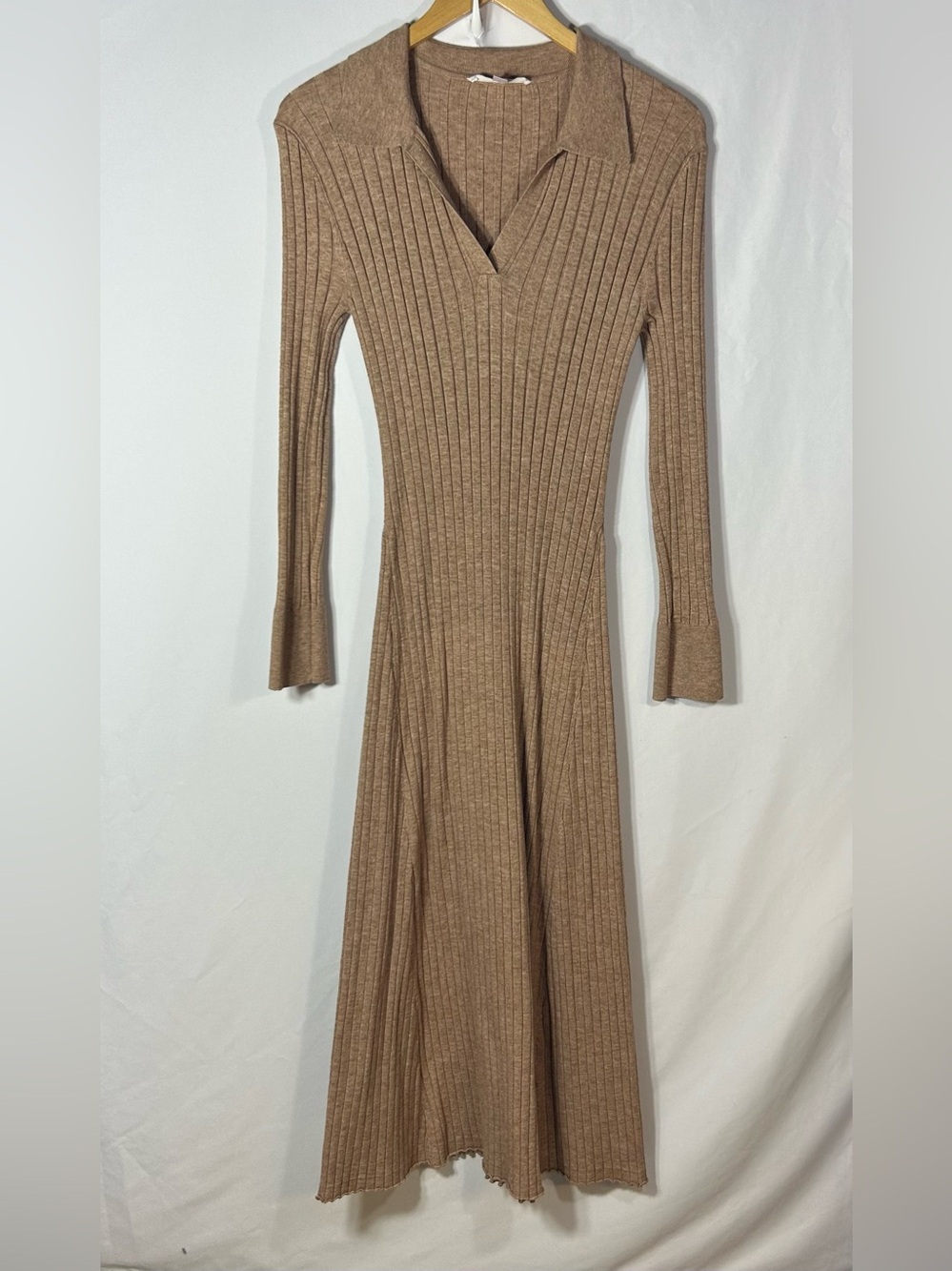 Lucky Brand Ribbed V-Neck Knit Polo Long Sleeve Maxi Dress Camel Brown Large